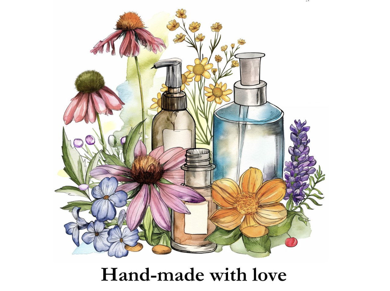 A painting of flowers and bottles with the words " hand-made with love ".