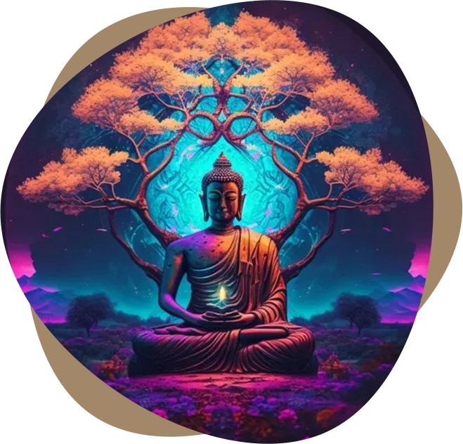 A painting of buddha sitting in the middle of a forest.