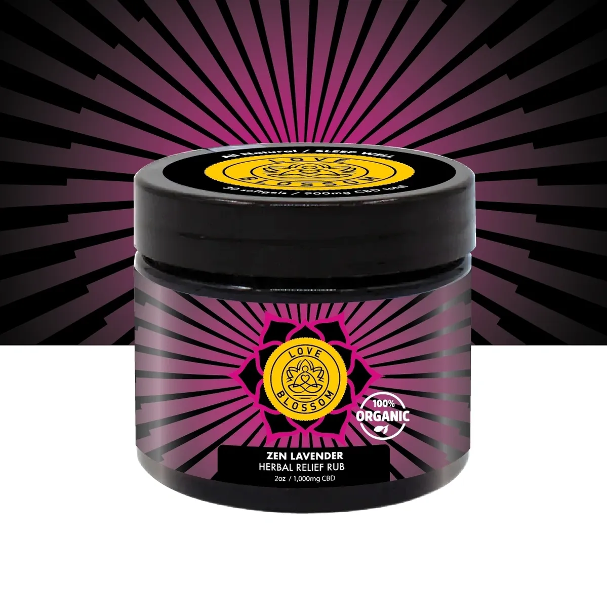 A jar of hair color with purple and yellow design.