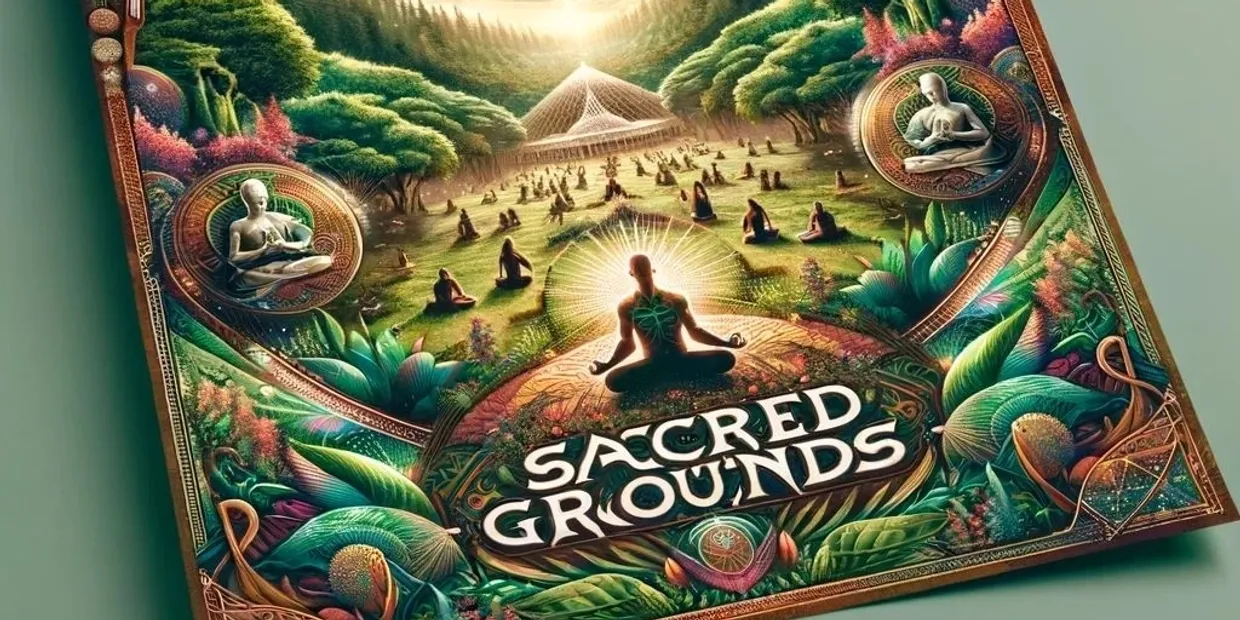 A poster of the sacred grounds with people meditating.