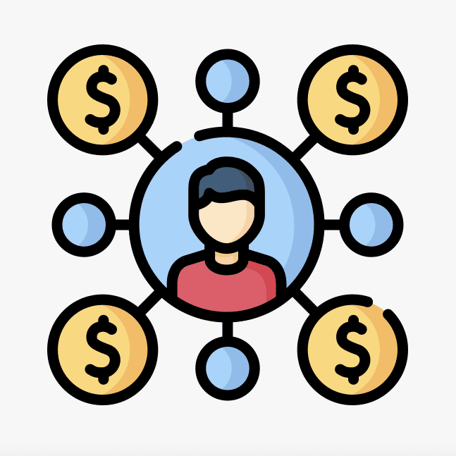 A person is surrounded by coins and dollar signs.