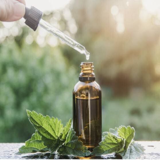 A person pouring oil into a bottle with green leaves around.